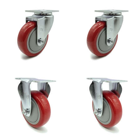 Service Caster 4 Inch Red Polyurethane Wheel Swivel Top Plate Caster Set with 2 Rigid SCC SCC-20S414-PPUB-RED-2-R414-2